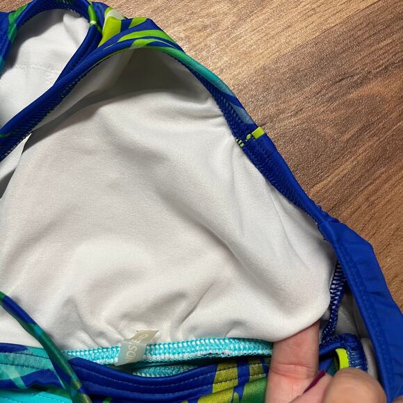 Lands End Womens Blue Green Palm Leaf Racerback Tankini Swim Top Size 2 Modest - Picture 5 of 6